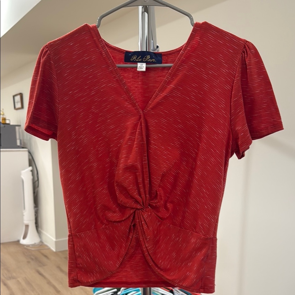 Blue Rain Red Tie Front Short Sleeve Blouse